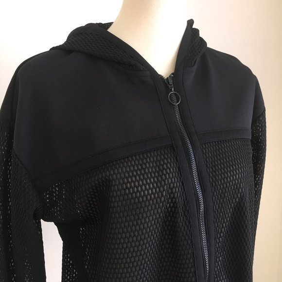 Zara Black Long Mesh Sport Hooded Jacket High Low - Picture 3 of 11